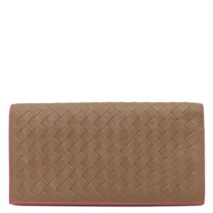 ボッテガヴェネタ BOTTEGA VENETA 長財布 イントレチャート コンチネンタル ウォレット レザー ブラウン×レッド ガンメタル金具 茶 二つ折り 【箱】 【中古】
