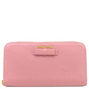 ミュウミュウ MIU MIU 長財布 リボン付き ラウンドファスナー ウォレット レザー ピンク×イエロー ゴールド金具 バイカラー 【中古】中古美品