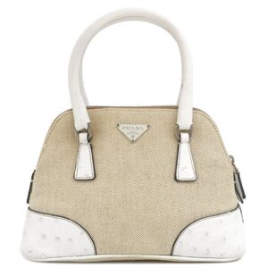 プラダ PRADA 2WAYバッグ キャンバス オーストリッチ キャンバス オーストリッチ ベージュ×ホワイト シルバー金具 三角ロゴプレート ミニ ショルダー 白 【中古】