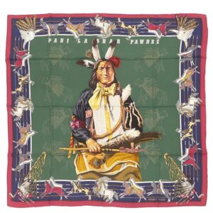 エルメス HERMES スカーフ カレ90 CARRE シルク ブラウン×ヴェール×マリン×フランボワーズ 【PANI LA SHAR PAWNEE/パウニー族の首長】 H071721S 【中古】