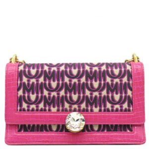 ミュウミュウ MIU MIU ショルダーバッグ チェーンショルダー キャンバス レザー ピンク ゴールド金具 エムエムパリス ロゴ 総柄 クロコ型押し ビジュー 【中古】中古美品