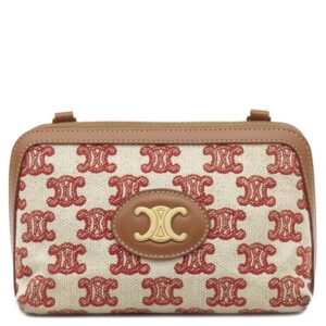 セリーヌ CELINE ショルダーバッグ トリオンフ チェーン付き クラッチ キャンバス レザー ブラウン×ベージュ×レッド ゴールド金具 茶 赤 チェーンショルダー 【中古】
