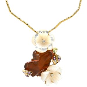 ネックレス オパール ペンダント パールホワイト×オレンジ×イエローゴールド ダイヤ シェル マルチストーン 花 フワラー フィーレチェーン 【中古】中古美品