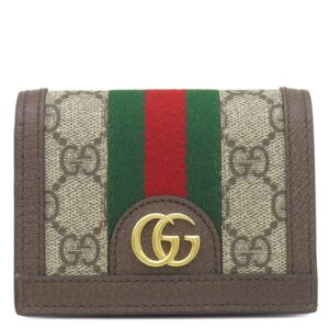グッチ GUCCI 二つ折り財布 オフィディア GG カードケース GGスプリームキャンバス レザー ベージュ×エボニー ゴールド金具 ウェブ ストライプ 523155 【箱】 【中古】