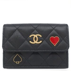 シャネル CHANEL 三つ折り財布 マトラッセ スモール フラップ レザー キャビアスキン ブラック ゴールド金具 ダブルC ハート スペード AP3081 ランダムシリアル 【中古】