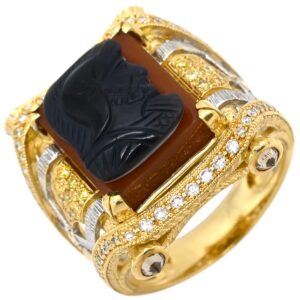 梶光夫 MITSUO KAJI リング 指輪 ストーンカメオ ダイヤ ブラックXレッド×イエローゴールド 18K 750 YG WG コンビ ローマ兵 戦士 スクエア 幅広 17号 【中古】中古品
