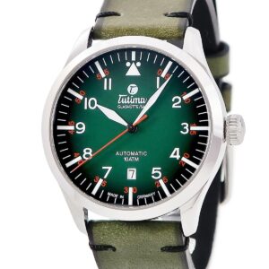 チュチマ Tutima フリーガー 6105-29 緑 デイト パイロット アラビア バー シースルーバック メンズ 腕時計自動巻き グリーン 【中古】