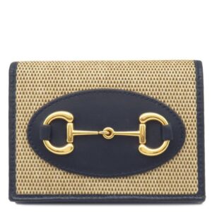 グッチ GUCCI 二つ折り財布 ホースビット 1955 カードケース ウォレット レザー キャンバス ベージュ×ネイビー ゴールド金具 日本限定 621887 H58AG 2599 【箱】 【中古】