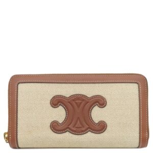 セリーヌ CELINE 長財布 トリオンフ ジップ ウォレット キャンバス レザー ナチュラル×タン ゴールド金具 ラウンドファスナー 【箱】 【中古】