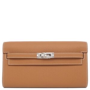 エルメス HERMES 長財布 ケリーウォレット ロング トゥーゴー ヴォーエプソン ゴールド シルバー金具 茶 ショルダー K刻印(2025年製) 【箱】 【中古】