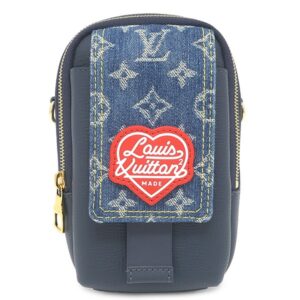【★3%OFFクーポン】ルイヴィトン LOUIS VUITTON ショルダーバッグ ダブル フォンポーチ モノグラムデニム トリヨンレザー ネイビー ゴールド金具 NIGOコラボ LV スクエアード コレクション M81060 RFID 【保存袋】 【中古】新品同様品
