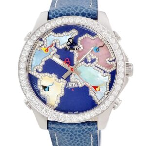 ジェイコブ JACOB&CO 5タイムゾーン 47mm ワールドマップ JC-124D 純正ダイヤ パヴェ シェル 青 GMT デイト メンズ 腕時計クオーツ ブルー 【中古】中古美品