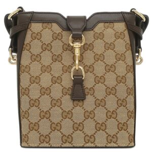 グッチ GUCCI ショルダーバッグ ミニ バケット ショルダー GGキャンバス レザー ベージュ×エボニー シャンパンゴールド金具 ブラウン ウェブストライプ 782919 【保存袋】 【中古】未使用保管品