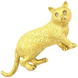 ブローチ キャッツアイ 0.28ct ネコモチーフ イエローゴールド 猫 CAT 猫目石 18K 18金 750AU アニマルモチーフ 【中古】