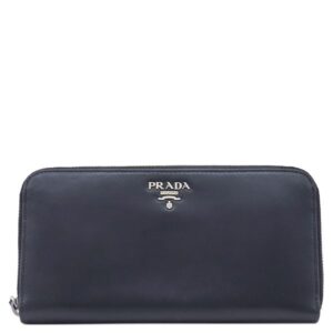 プラダ PRADA 長財布 ロゴ ラウンドファスナー レザー ネイビー シルバー金具 紺 水色 バイカラー 【中古】