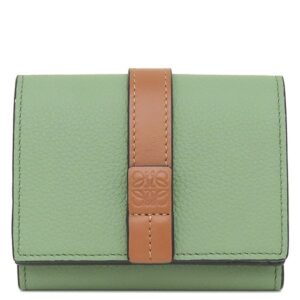 ロエベ LOEWE 三つ折り財布 スモール バーティカル ウォレット カーフ グリーン×タン シルバー金具 茶 コンパクトウォレット 【中古】中古品