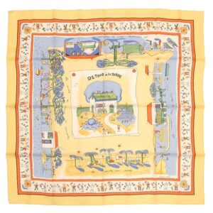 エルメス HERMES スカーフ カレ90 CARRE シルク イエロー×オレンジ×マルチカラー 【Retour A Laterre/故郷に帰る】 【箱】 【中古】