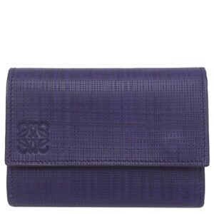 ロエベ LOEWE 三つ折り財布 リネン アナグラム コンパクトウォレット レザー ネイビー シルバー金具 紺 小銭入れ 札入れ カード入れ 【中古】中古美品