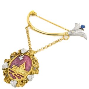 石川暢子 NOBUKO ISHIKAWA ブローチ ロードクロサイト ピンク×イエローゴールド×プラチナシルバー 18K 750 YG PT ダイヤ サファイア ペンダントトップ 花 教会 城 風景 【中古】中古品