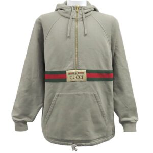 グッチ GUCCI パーカー ハーフジップ スウェット コットン カーキ M ゴールド金具 ウェブストライプ トレーナー フーディー 長袖 644656 【中古】中古美品