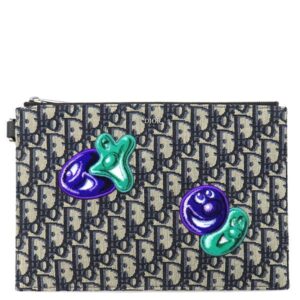 クリスチャン・ディオール Christian Dior クラッチバッグ ケニー シャーフ A5 ポーチ レザー ジャガード ネイビー系 シルバー金具 Kenny Scharf オブリーク セカンドバッグ 【保存袋】 【中古】