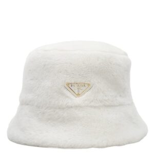 プラダ PRADA ハット シアリング バケットハット シープスキン シープファー ホワイト S 白 三角ロゴ バケハ ファー 1HC137 【中古】中古美品
