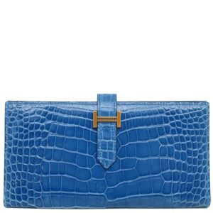 エルメス HERMES 長財布 ベアンスフレ アリゲーター ブルーゼリージュ ゴールド金具 青 クロコ 二つ折り財布 D刻印 【中古】