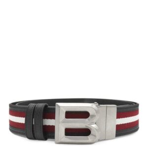 バリー BALLY ベルト Bロゴ リバーシブル 42/105 レザー ファブリック ブラック×レッド×ホワイト シルバー金具 黒 赤 白 Bバックル バリーリボン ライン 【箱】 【中古】