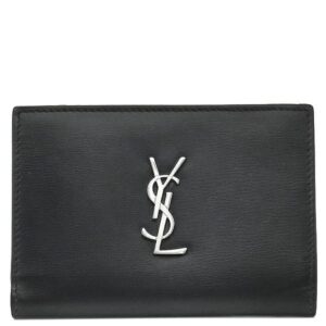 サンローラン SAINT LAURENT 二つ折り財布 モノグラム ロゴ レザー ブラック シルバー金具 黒 コンパクト ウォレット 【中古】