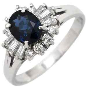 リング 指輪 サファイア 1.05 ct ダイヤ 0.38ct ブルー×プラチナシルバー 青 プラチナ Pt900 オーバルカット ヘイローデザイン 14号 【中古】中古品