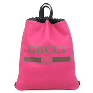 グッチ GUCCI リュック・デイパック ドローストリング バックパック カーフ ピンク×ブラック ナップサック ロゴプリント 494053 【中古】中古美品