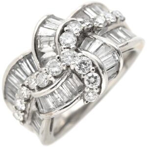 リング 指輪 ダイヤモンド リング プラチナシルバー プラチナム テーパード バケット ラウンドブリリアント リボンモチーフ 10号 【中古】
