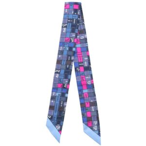 エルメス HERMES スカーフ ツイリー シルク ブルー×ルージュヴィフ×グレー 【BOLDUC AU CARRE/ボルデュック チェック】 【箱】 【中古】