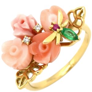リング 指輪 珊瑚 エメラルド ルビー ダイヤ 薔薇モチーフ イエローゴールド バラ ローズ 花 フラワー サンゴ ピンク 赤 緑 18K 750YG 18金 10号 【中古】中古品