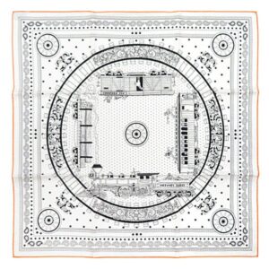エルメス HERMES スカーフ カレ55 CARRE シルク ホワイト×ブラック×オレンジ 【All Aboard!/オール アボード!】 ソルド品 H044047S 【箱】 【中古】未使用保管品