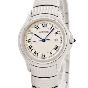 カルティエ Cartier パンテール クーガー LM W35011F8 アイボリー ローマン デイト 青針 メンズ 腕時計クオーツ ベージュ 【中古】