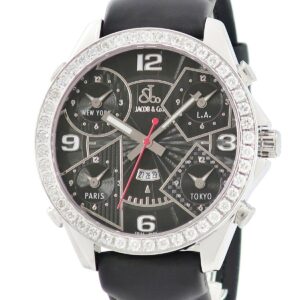 ジェイコブ JACOB&CO 5タイムゾーン 47mm 純正ダイヤ ファイブタイムゾーン デイト 夜光 ギヨシェ メンズ 腕時計クオーツ ブラック 【中古】