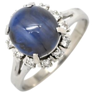 リング 指輪 スターサファイア 4.39ct ダイヤモンド プラチナシルバー 青 ブルー プラチナ オーバルカボションカット 16.5号 【中古】中古美品