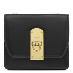 サルヴァトーレ・フェラガモ Salvatore Ferragamo 二つ折り財布 ガンチーニ ショルダーウォレット レザー ブラック ゴールド金具 黒 コンパクト 【中古】中古美品