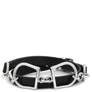 エルメス HERMES ブレスレット エトリエ ドゥーブルトゥール メタル レザー ブラック×シルバー T2 レザーブレスレット 2連 黒 あぶみモチーフ A 【箱】 【中古】