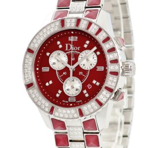クリスチャン・ディオール Christian Dior クリスタル クロノグラフ CD11431FM001 純正ダイヤ 回転ベゼル 限定 赤 メンズ 腕時計クオーツ レッド 【中古】