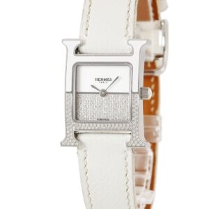 エルメス HERMES Hウォッチ・ドゥブルジュー HH1.234 純正ダイヤ パヴェ 白×シルバー H型 スクエア レディース 腕時計クオーツ ホワイト 【中古】