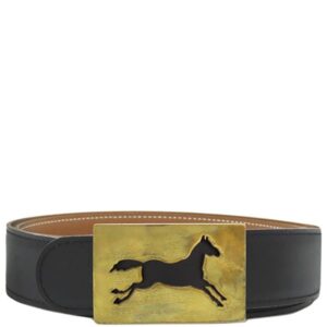 エルメス HERMES ベルト ホースバックル ＃90 ボックスカーフ ヴォーガリバー ブラック×ゴールド ＃90 ゴールド金具 リバーシブル 黒 茶 ヴィンテージ ダブルホール □B刻印 【中古】