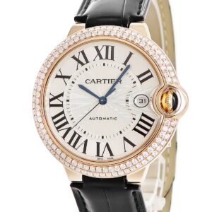 カルティエ Cartier バロンブルー ドゥ カルティエ LM WE900851 K18RG無垢 純正ダイヤ ローマン デイト メンズ 腕時計自動巻き シルバー 【中古】中古美品