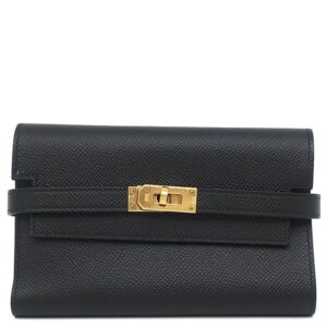 エルメス HERMES 三つ折り財布 ケリーウォレット ミディアム ヴォーエプソン ブラック ゴールド金具 D 【箱】 【中古】新品同様品