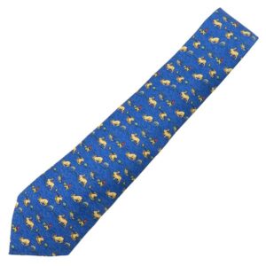 エルメス HERMES ネクタイ クラバット 9cm シルク ブルー 青 総柄 うさぎ 穴掘り 【中古】