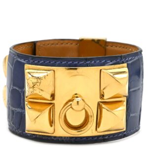 エルメス HERMES ブレスレット コリエドシアン プレス ポロサス ポロサス GP ネイビー×ゴールド S 青 スタッズ クロコ ○O 【中古】中古品