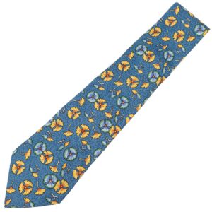 エルメス HERMES ネクタイ 植物柄 9cm シルク ブルー×マルチカラー 青 イチョウ 花 葉っぱ 【中古】未使用保管品