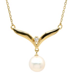 ミキモト MIKIMOTO ネックレス パール デザインネックレス パールホワイト×イエローゴールド MIKIMOTO 真珠 18K 18金 Au750 1Pダイヤ V字 スウィング 【中古】中古美品