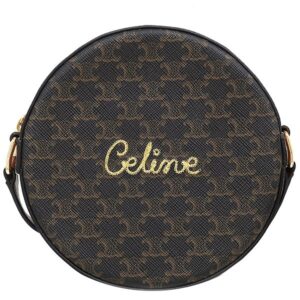 セリーヌ CELINE ショルダーバッグ トリオンフ ラウンド ショルダー PVCコーティングキャンバス レザー ブラウン ゴールド金具 茶 ポシェット ロゴ 刺繍 【中古】新品同様品